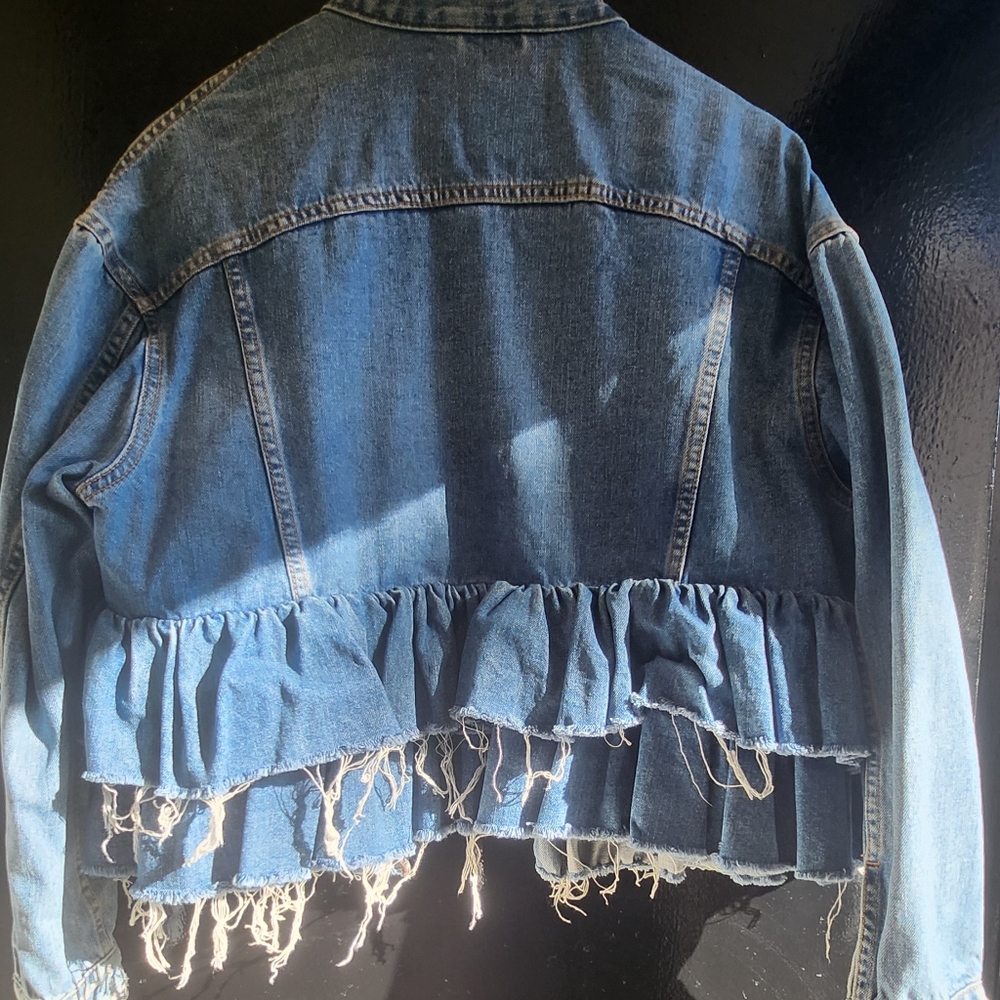 ASOS Blue Distressed Ruffle Jean Jacket - Picture 2 of 2